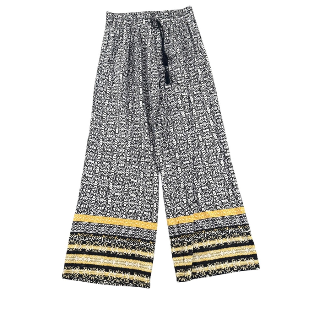 New Directions Womens Small Black White Yellow Medallion Wide Leg Palazzo Pants